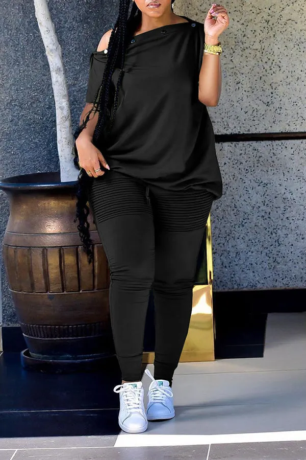 Oblique Collar T-shirt Ruched Pants Set