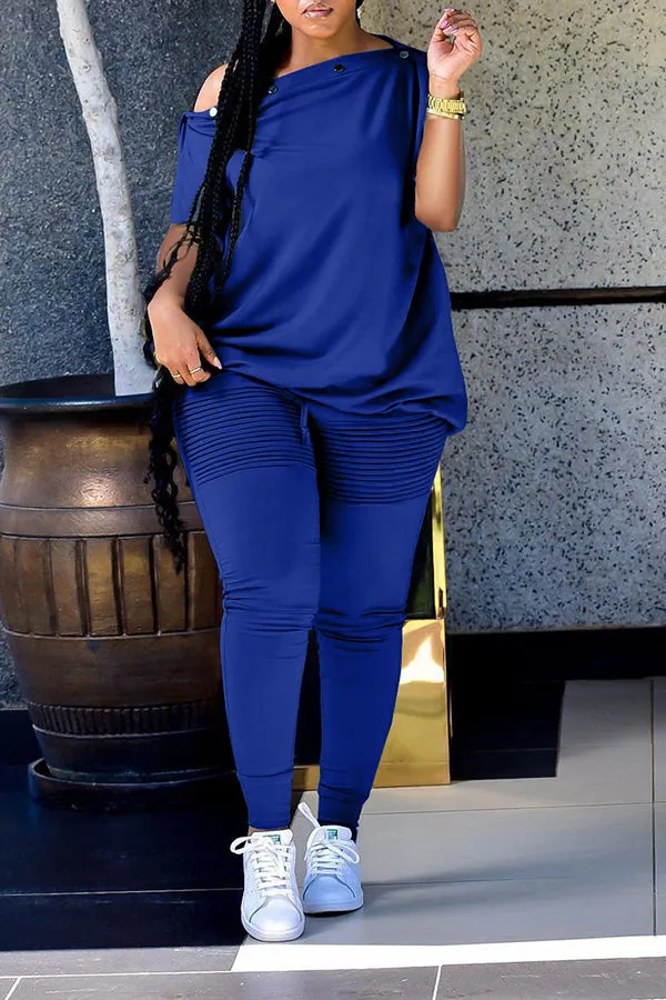 Oblique Collar T-shirt Ruched Pants Set