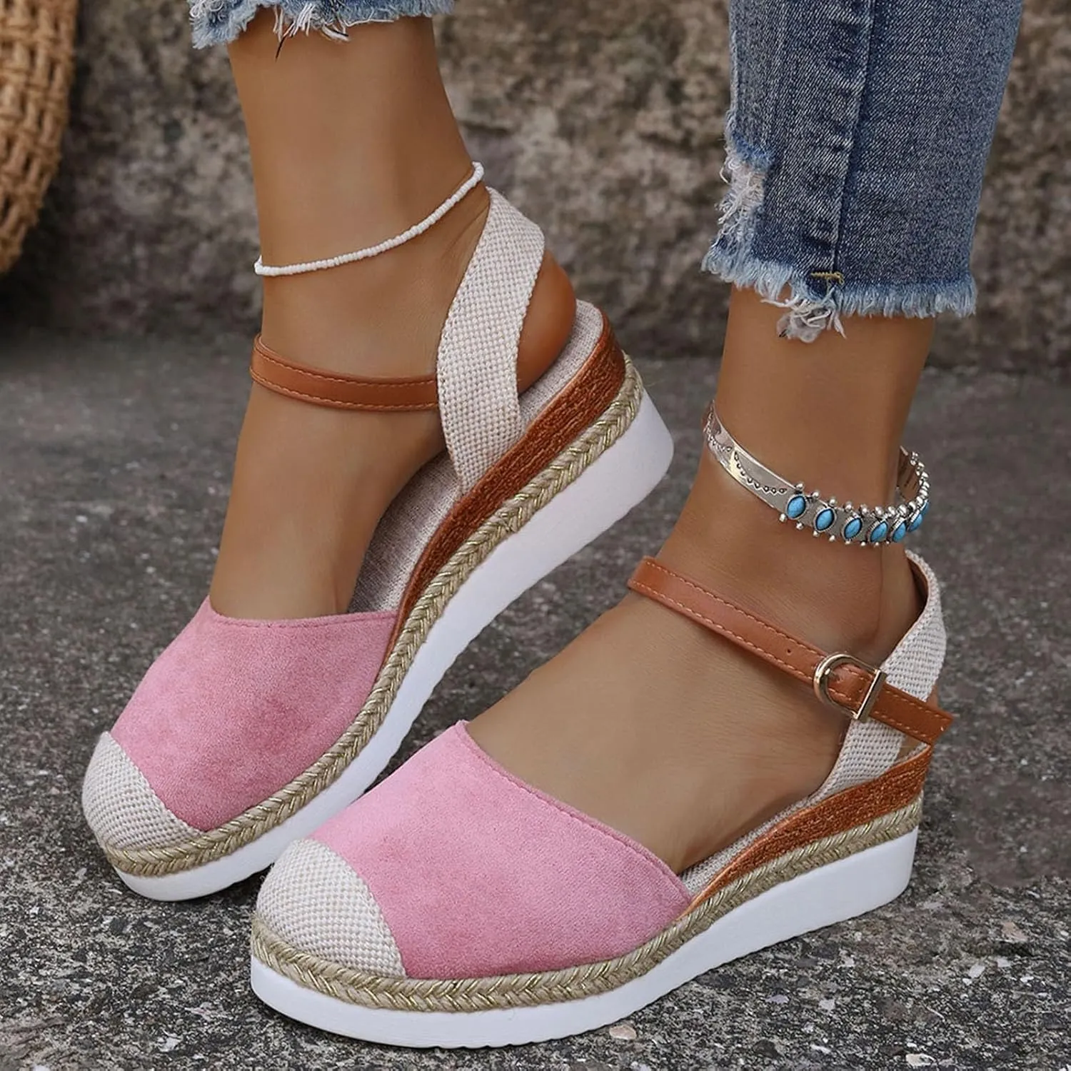 Orthopedic Platform Wedge Sandals for Women 2025 Espadrilles Wedges Sandals Summer Closed Toe Casual Comfortable Strappy Slip on Shoes with Adjustable Ankle Strap