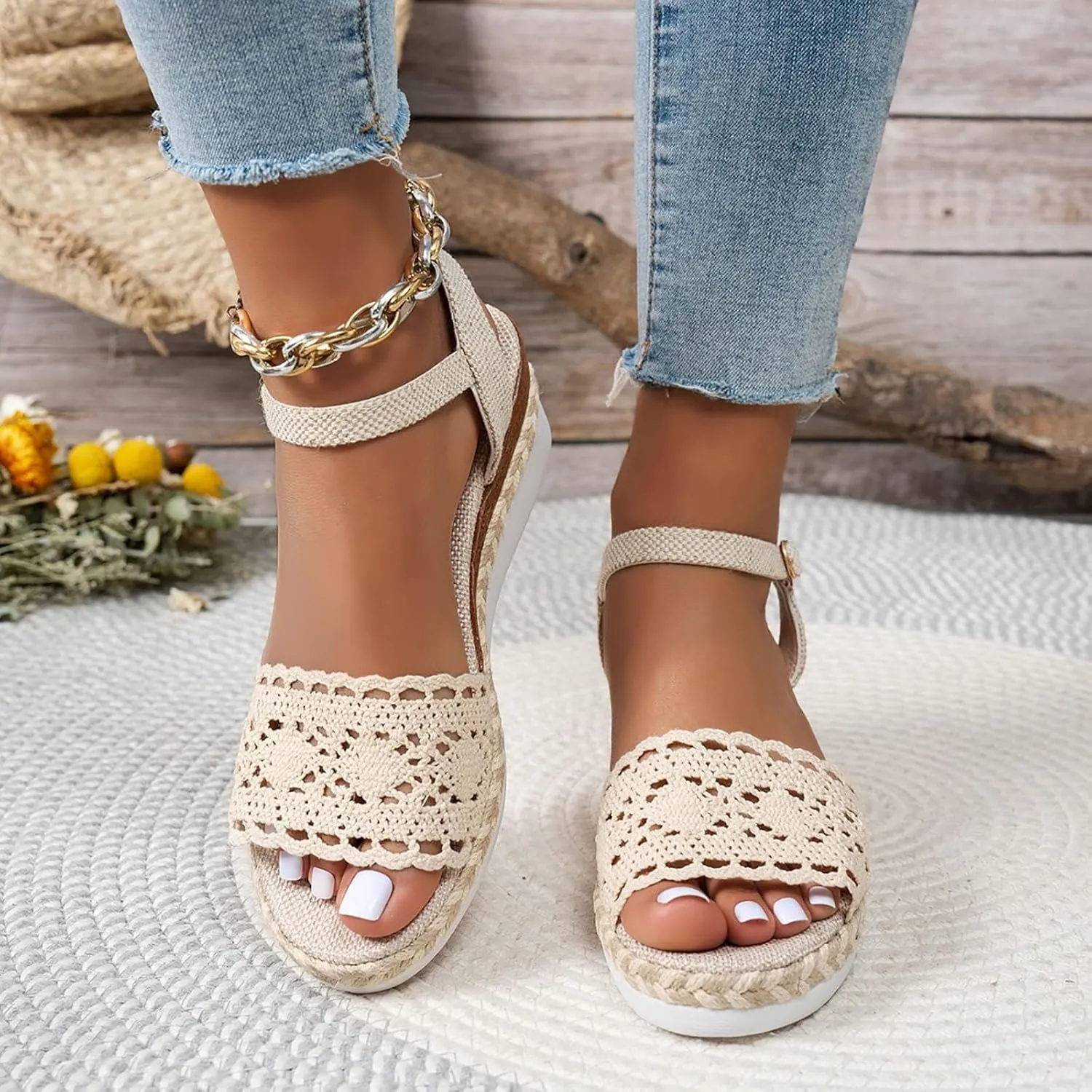 Orthopedic Platform Wedge Sandals for Women Summer DressyOpen Toe Lace Backless Espadrille Wedge Heel Sandals Beach Vacation Walking Fashionable Comfortable Outdoor Shoes