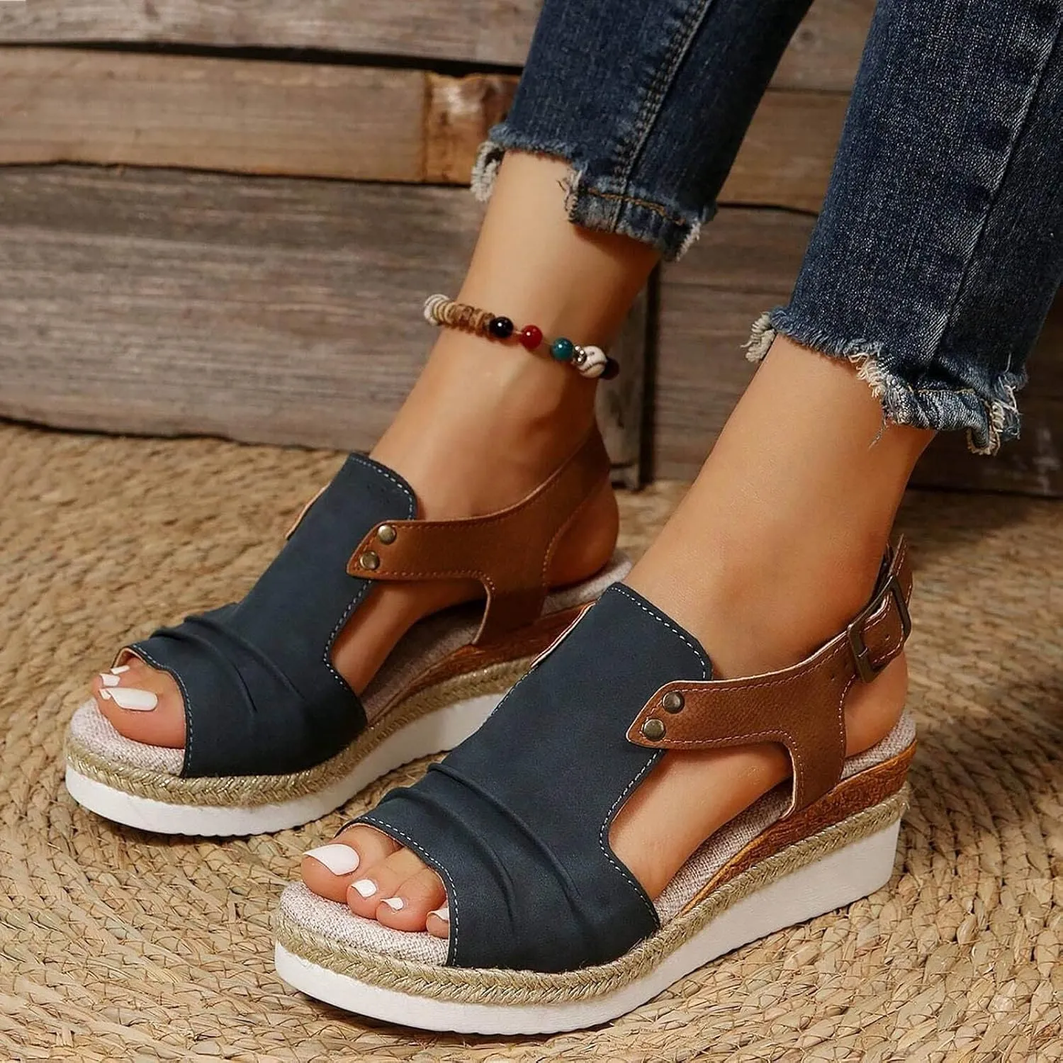 Orthopedic Sandals for Women,Women Walking Slippers with Arch Support Wedge Sandals Summer Dressy Open Toe Ankle Strap Platform Beach Casual Slip on Sandals Beach Dress Comfortable Shoes