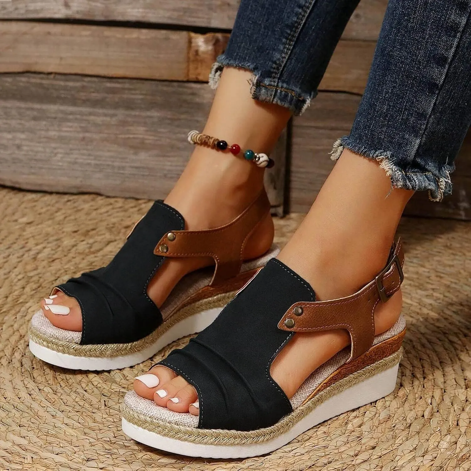 Orthopedic Sandals for Women,Women Walking Slippers with Arch Support Wedge Sandals Summer Dressy Open Toe Ankle Strap Platform Beach Casual Slip on Sandals Beach Dress Comfortable Shoes