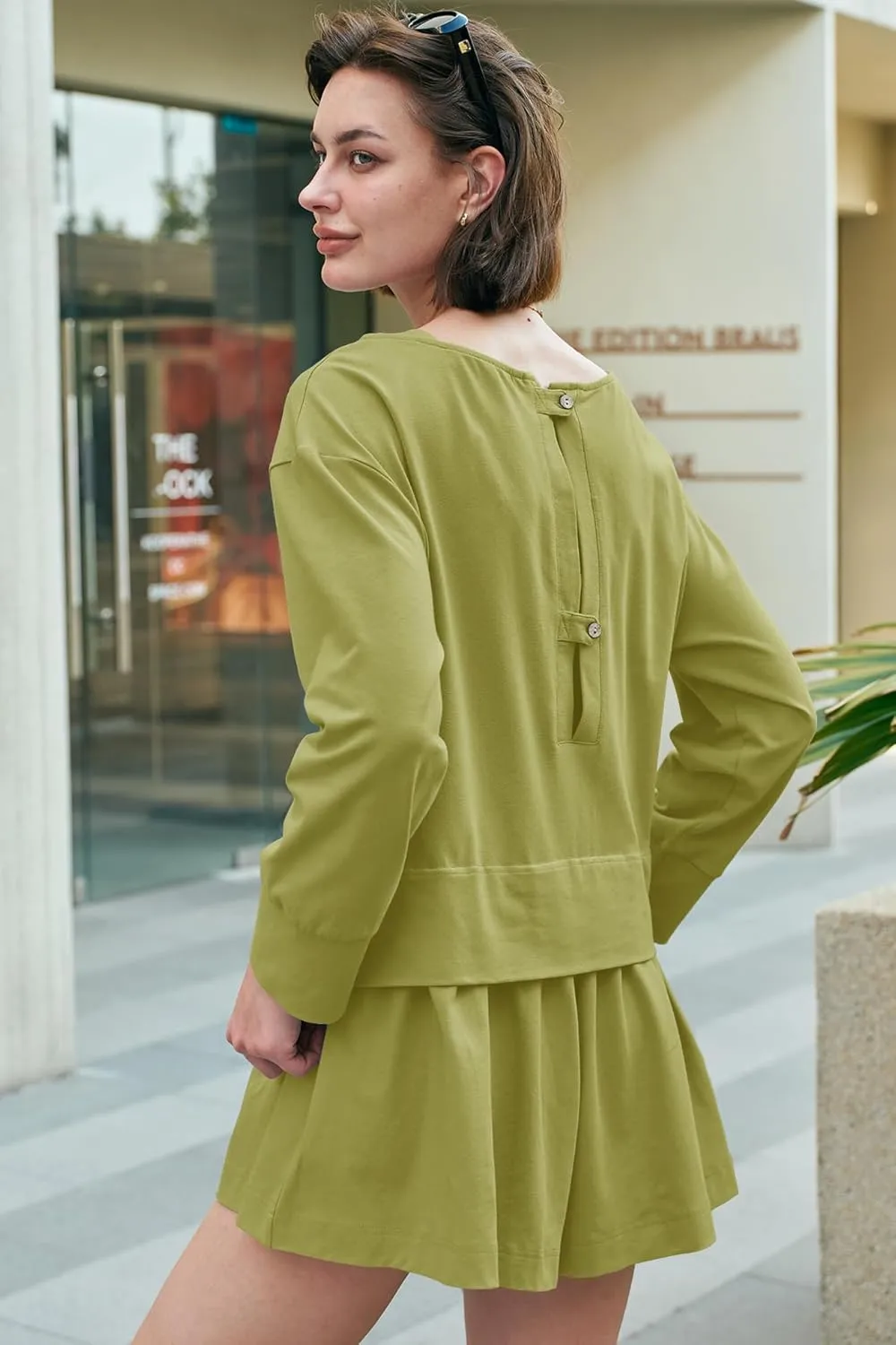 Panadila Womens Long Sleeve Short Romper Dress Oversized Crewneck One Piece Jumpsuit Open Back Layered Casual Outfits