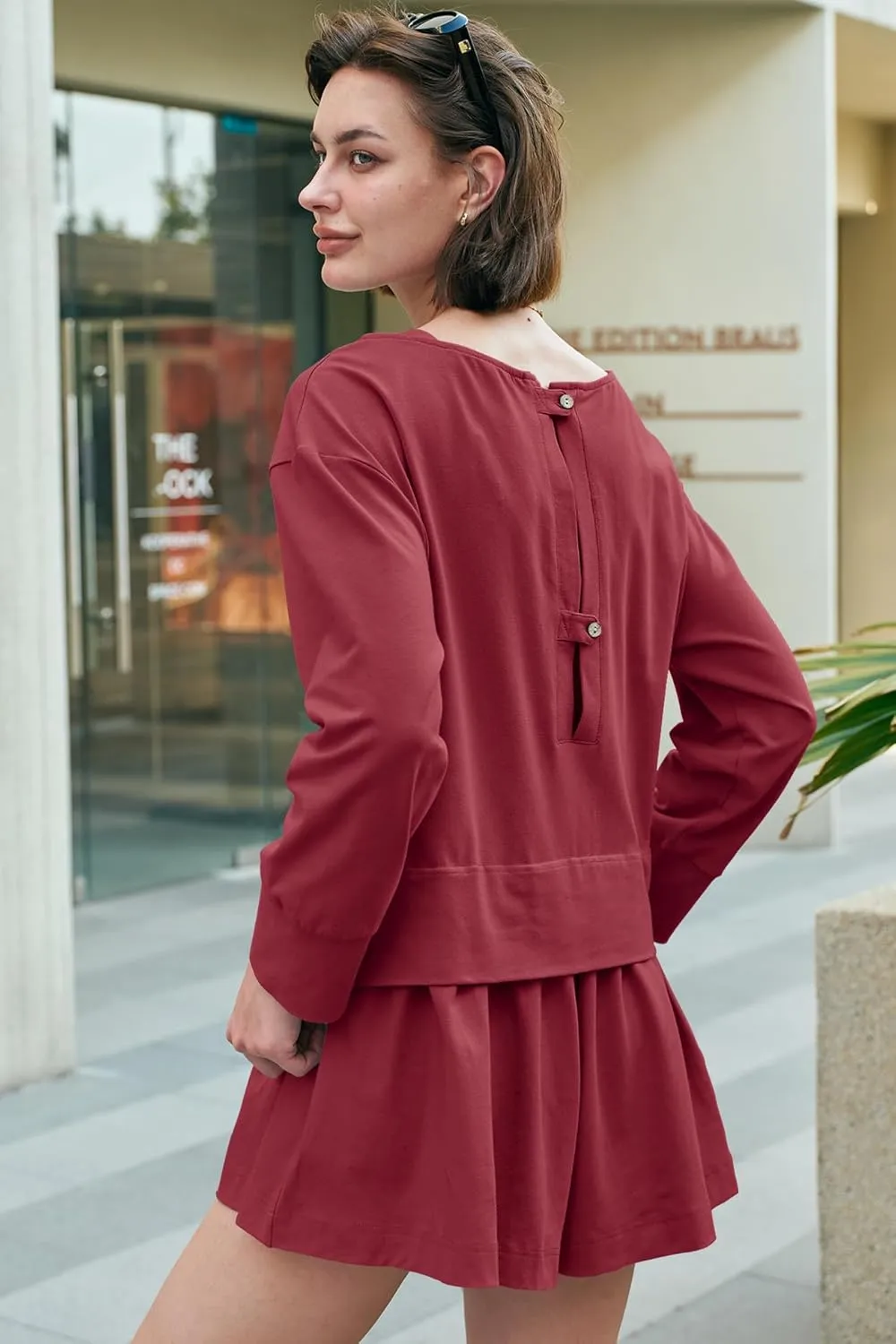 Panadila Womens Long Sleeve Short Romper Dress Oversized Crewneck One Piece Jumpsuit Open Back Layered Casual Outfits