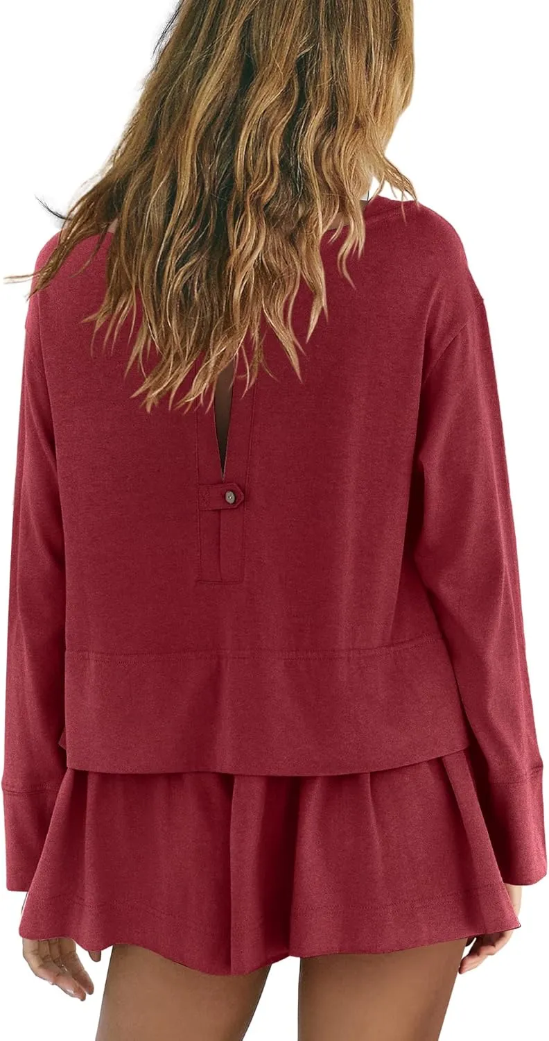 Panadila Womens Long Sleeve Short Romper Dress Oversized Crewneck One Piece Jumpsuit Open Back Layered Casual Outfits