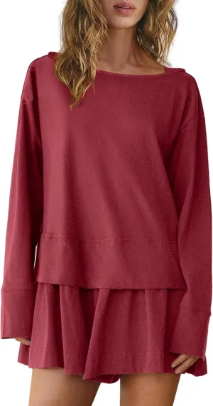 Panadila Womens Long Sleeve Short Romper Dress Oversized Crewneck One Piece Jumpsuit Open Back Layered Casual Outfits