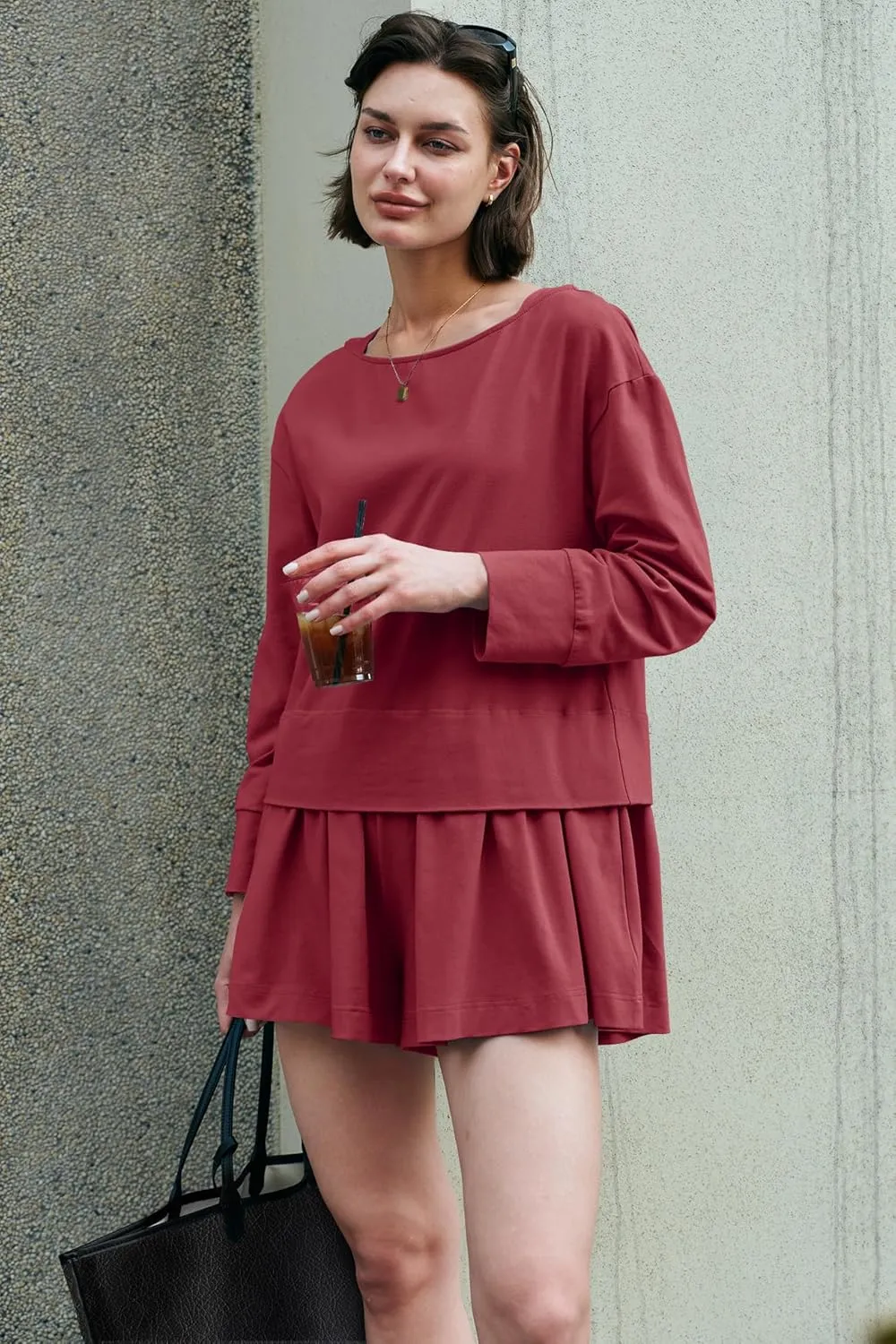 Panadila Womens Long Sleeve Short Romper Dress Oversized Crewneck One Piece Jumpsuit Open Back Layered Casual Outfits