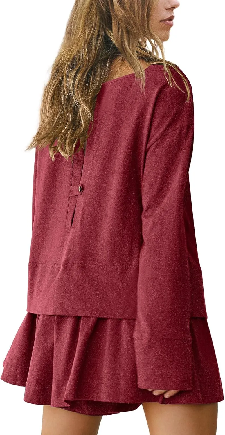 Panadila Womens Long Sleeve Short Romper Dress Oversized Crewneck One Piece Jumpsuit Open Back Layered Casual Outfits