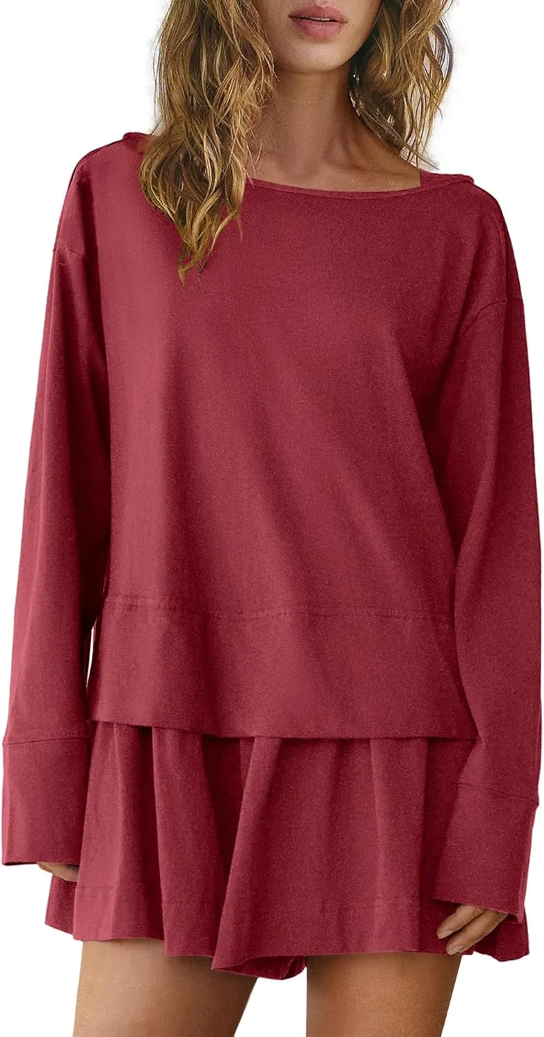 Panadila Womens Long Sleeve Short Romper Dress Oversized Crewneck One Piece Jumpsuit Open Back Layered Casual Outfits