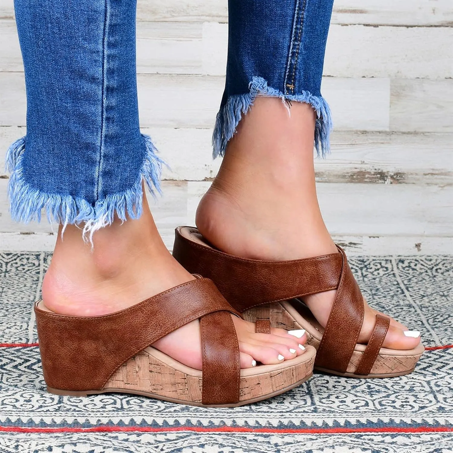 Platform Sandals Women Summer Beach Black Sandals Wedge Heel Slip on Sandals Travel Bohemia Walking Shoes