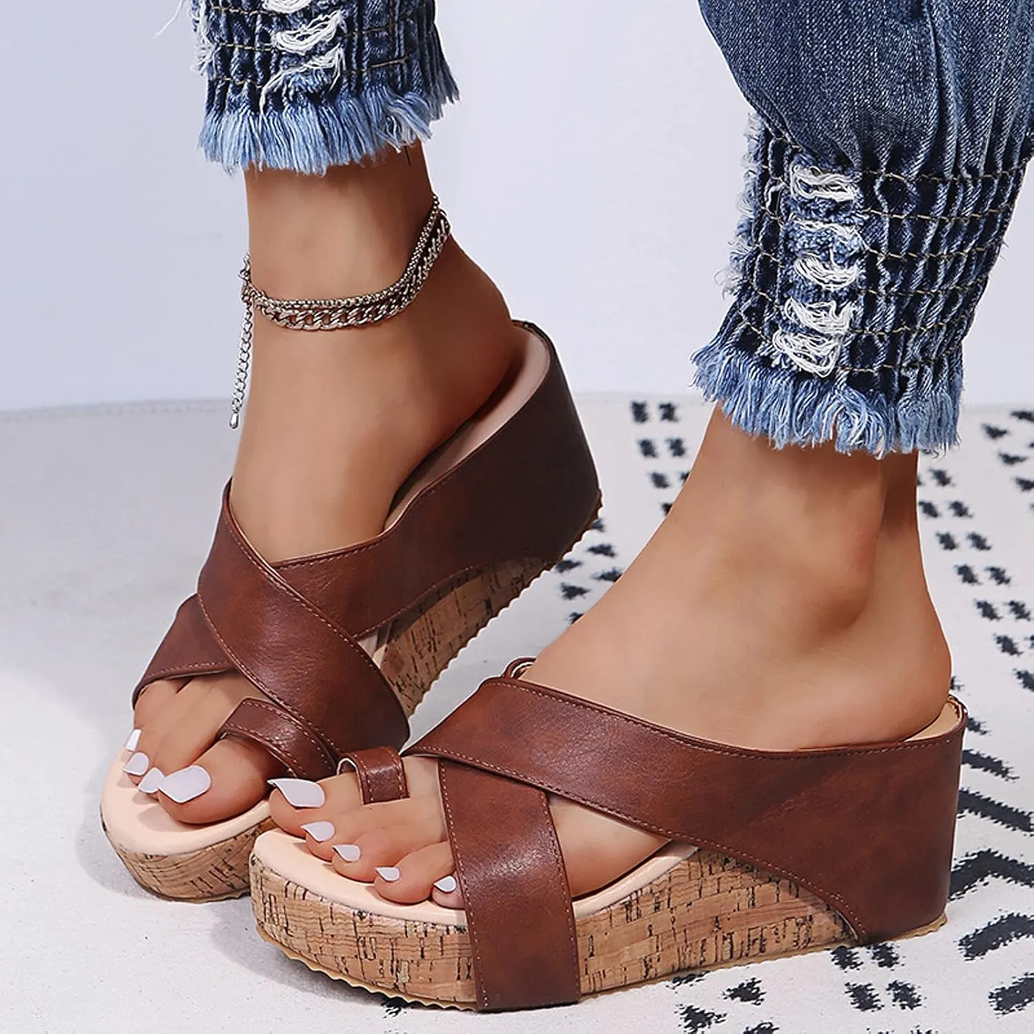 Platform Sandals Women Summer Beach Black Sandals Wedge Heel Slip on Sandals Travel Bohemia Walking Shoes