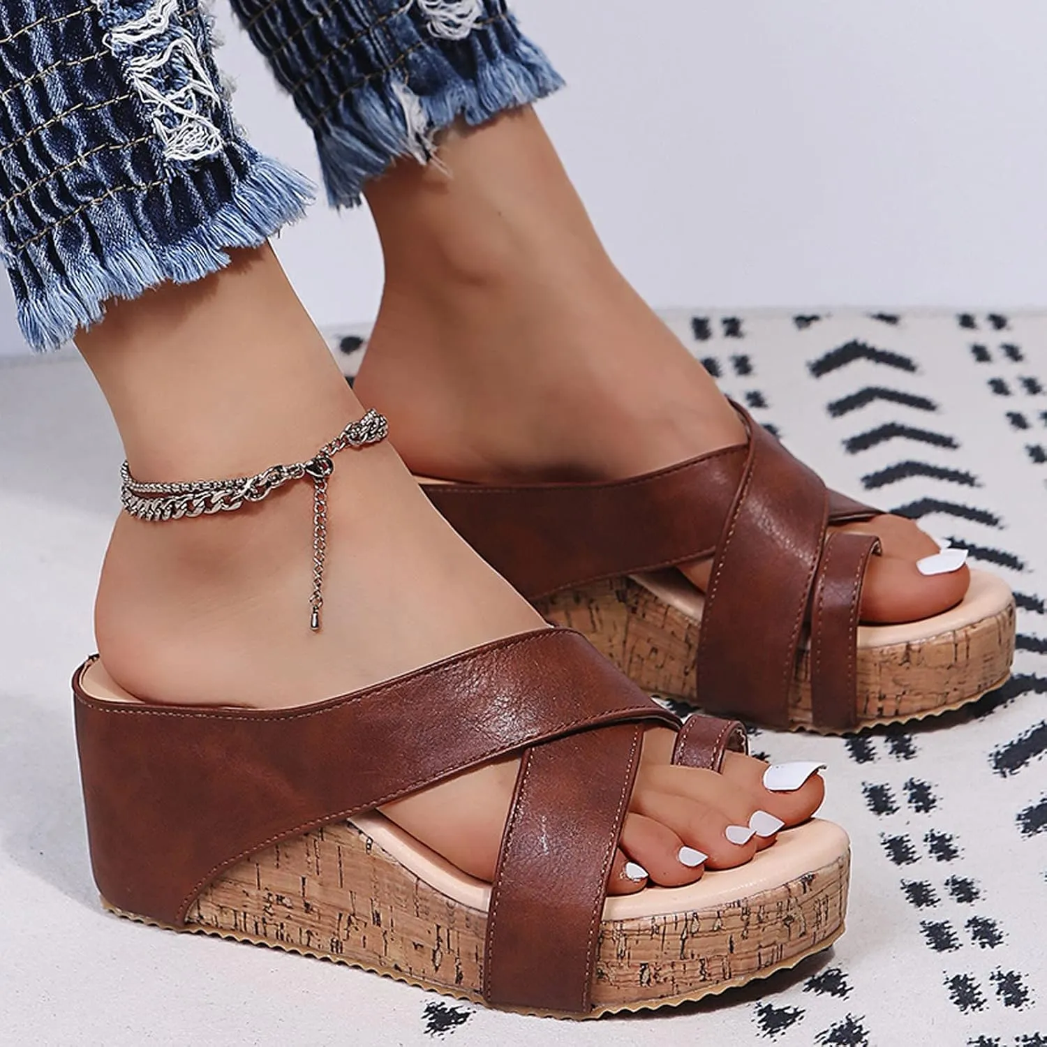 Platform Sandals Women Summer Beach Black Sandals Wedge Heel Slip on Sandals Travel Bohemia Walking Shoes