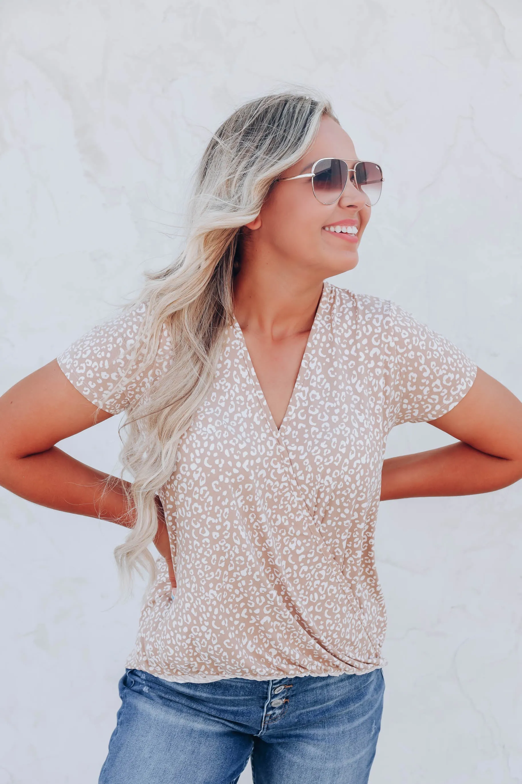 Prowling Around Surplice Print Top - Taupe/White