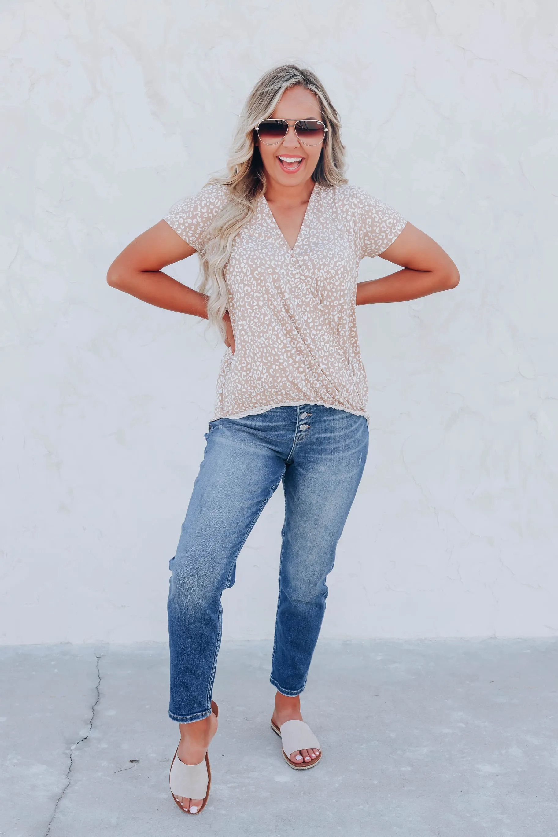 Prowling Around Surplice Print Top - Taupe/White