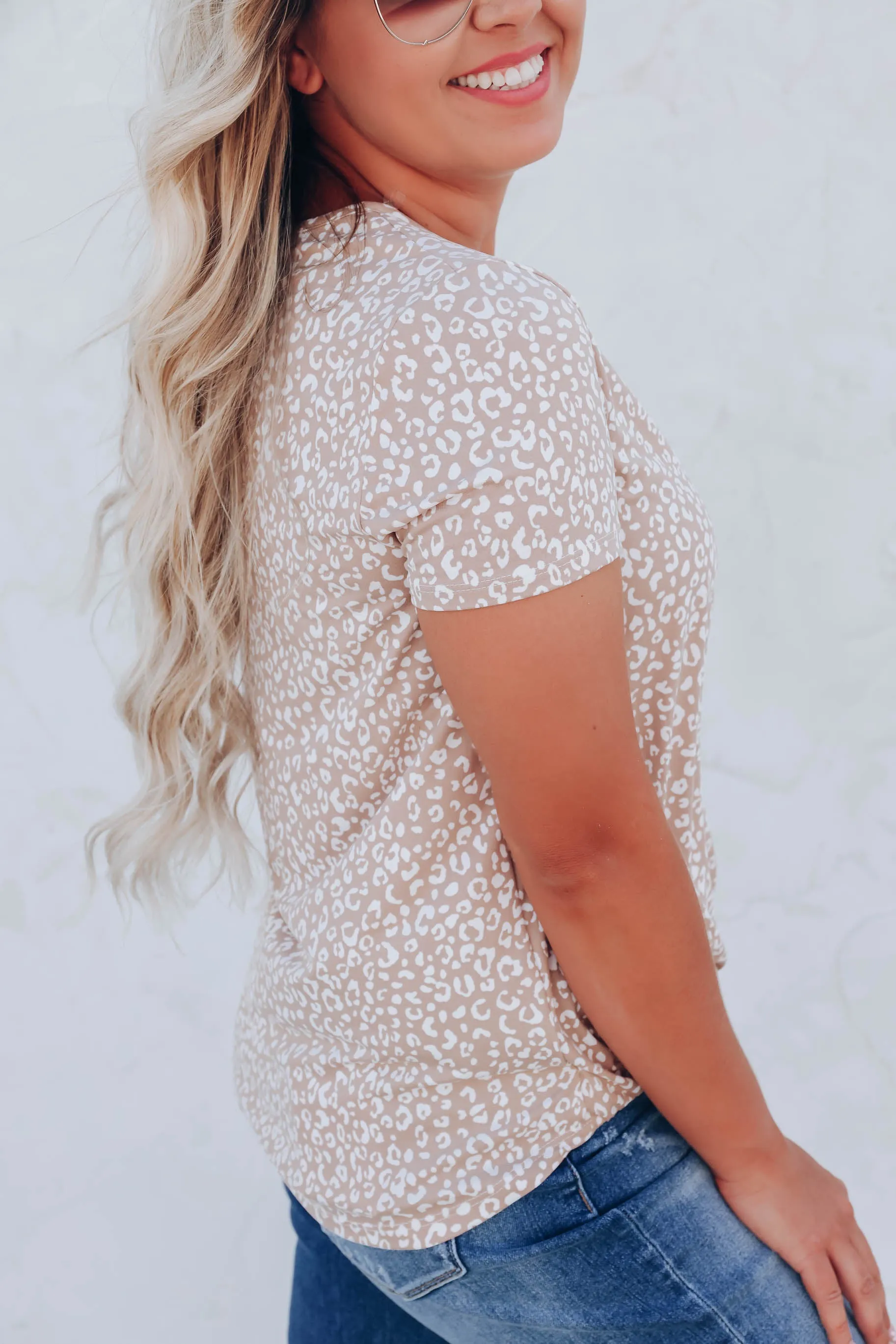 Prowling Around Surplice Print Top - Taupe/White