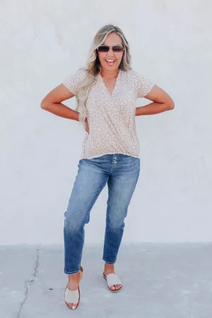Prowling Around Surplice Print Top - Taupe/White