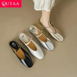 QUTAA 2024 Genuine Leather Slippers Summer Flat Heels Women Sandals Elegant Party Prom Shoes Woman Office Lady Size 34-43