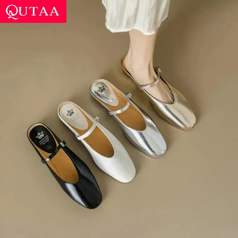 QUTAA 2024 Genuine Leather Slippers Summer Flat Heels Women Sandals Elegant Party Prom Shoes Woman Office Lady Size 34-43