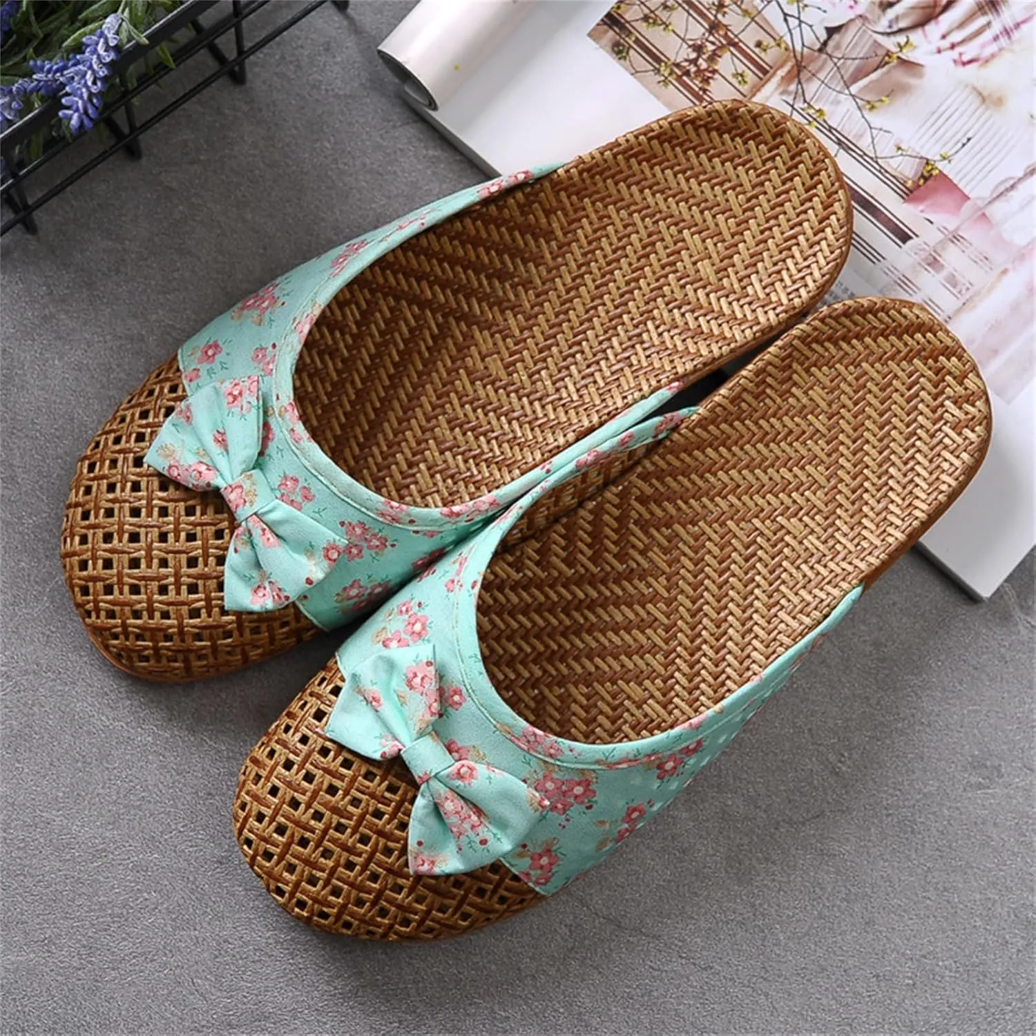 Slide Sandals for Women Summer Slippers Outdoor Indoor Vine Grass Woven Cotton Flax Non-Slip Casual Grass Mat sandal Sandal Bohemian Breathable Vacation Outfits Travel Slipper