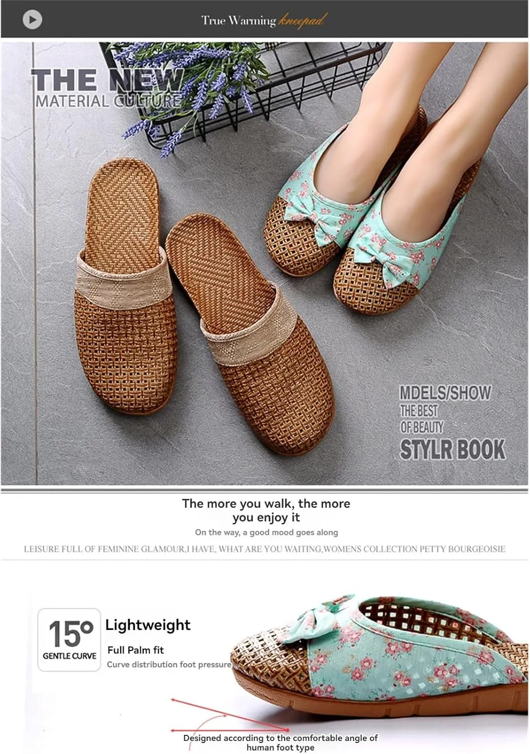 Slide Sandals for Women Summer Slippers Outdoor Indoor Vine Grass Woven Cotton Flax Non-Slip Casual Grass Mat sandal Sandal Bohemian Breathable Vacation Outfits Travel Slipper