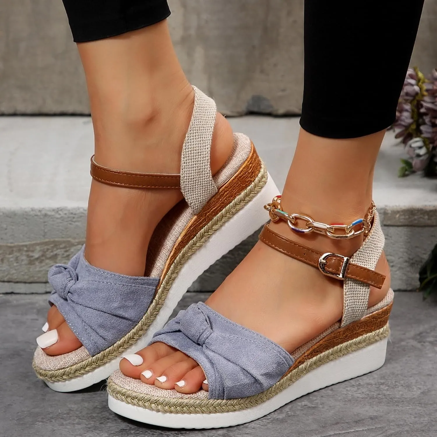 SuanlaTDS Espadrille Sandals for Women Dressy Summer 2025 Platform Chunky High Heels Buckle Ankle Strap Comfortable Casual Boho Beach Shoes Outdoor Party Elegant Wedges Heeled Sandal