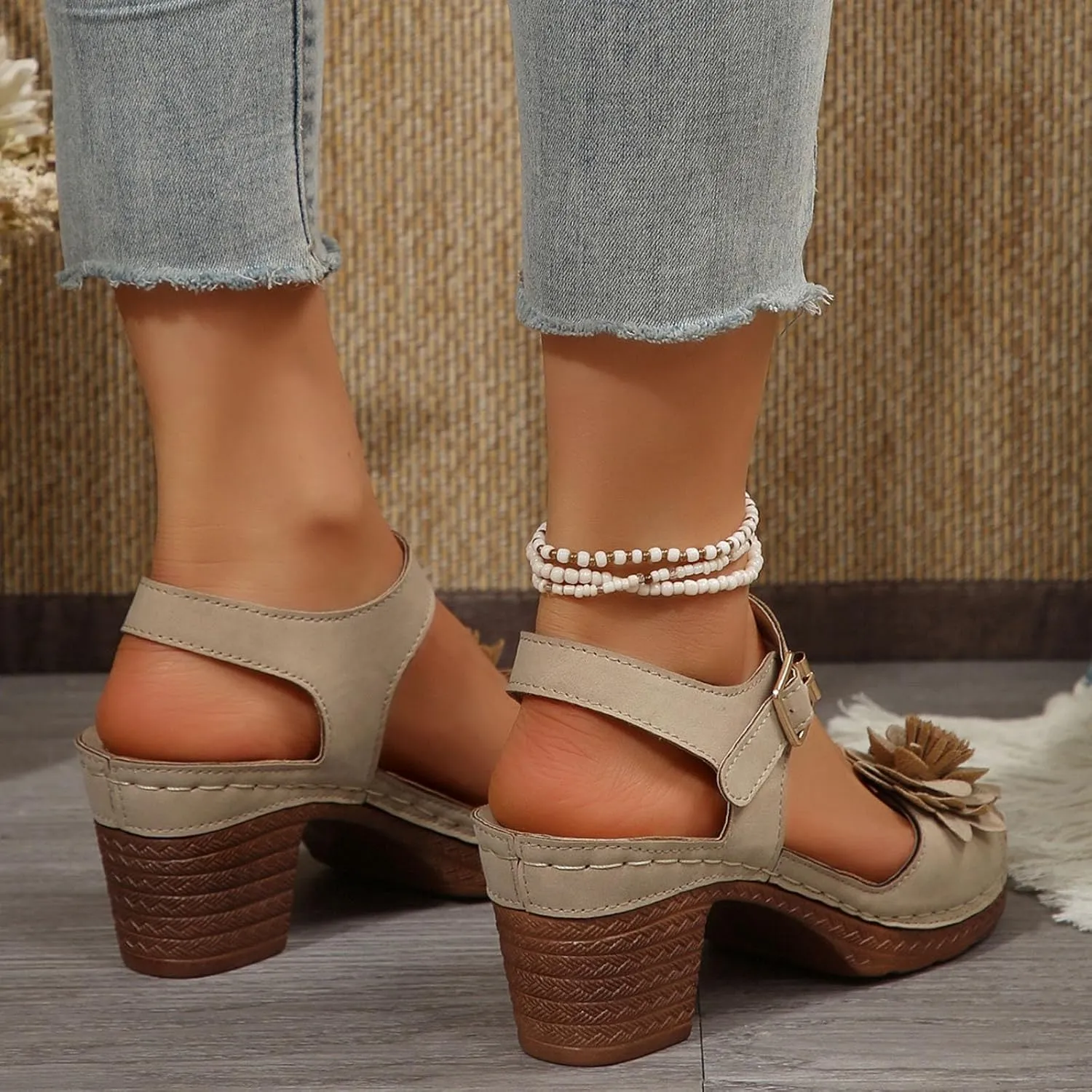 SuanlaTDS Womens Sandals High Heels Round Toe Ankle Strap Buckle Comfortable Wedge Platform Chunky Block Heel Party Dress Dance Shoes Casual Open-toe Heeled Outdoor Sandals