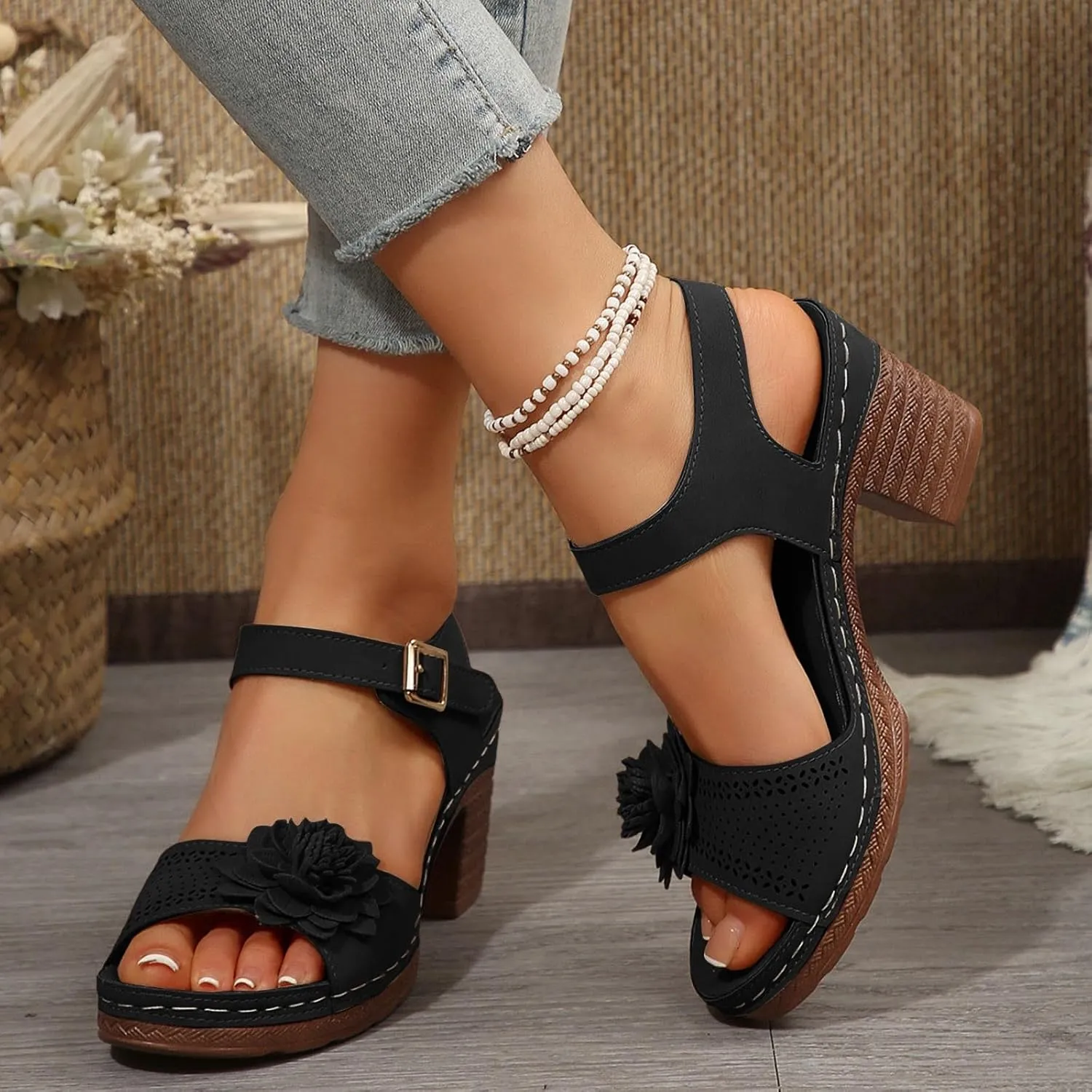 SuanlaTDS Womens Sandals High Heels Round Toe Ankle Strap Buckle Comfortable Wedge Platform Chunky Block Heel Party Dress Dance Shoes Casual Open-toe Heeled Outdoor Sandals