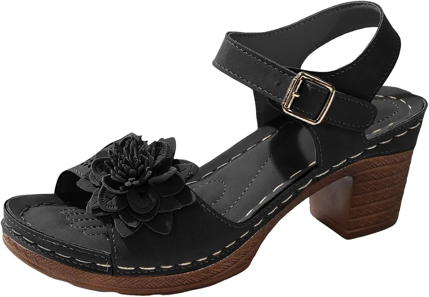 SuanlaTDS Womens Sandals High Heels Round Toe Ankle Strap Buckle Comfortable Wedge Platform Chunky Block Heel Party Dress Dance Shoes Casual Open-toe Heeled Outdoor Sandals