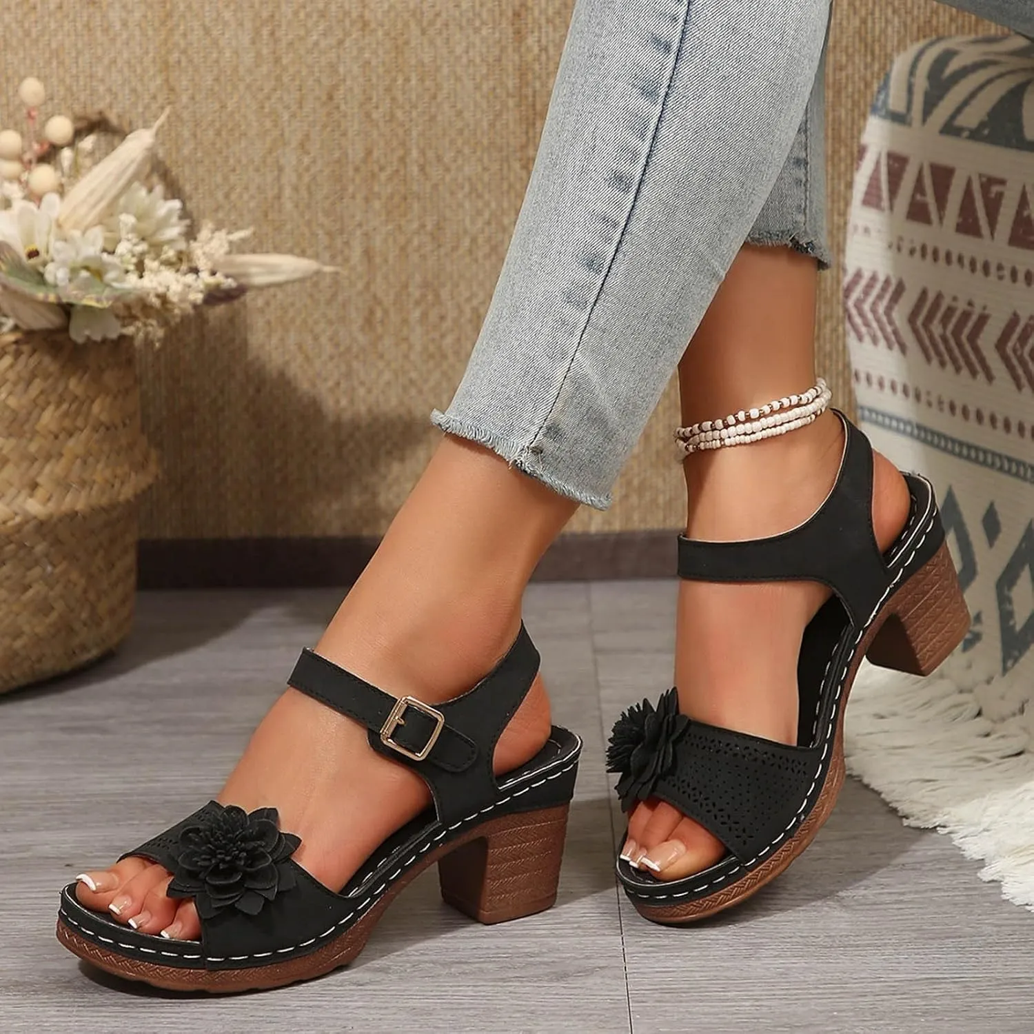 SuanlaTDS Womens Sandals High Heels Round Toe Ankle Strap Buckle Comfortable Wedge Platform Chunky Block Heel Party Dress Dance Shoes Casual Open-toe Heeled Outdoor Sandals