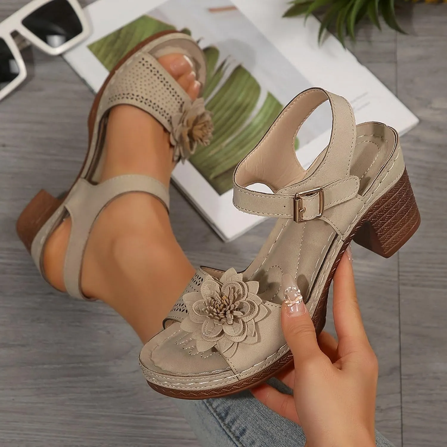 SuanlaTDS Womens Sandals High Heels Round Toe Ankle Strap Buckle Comfortable Wedge Platform Chunky Block Heel Party Dress Dance Shoes Casual Open-toe Heeled Outdoor Sandals