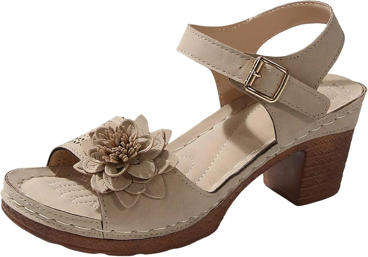 SuanlaTDS Womens Sandals High Heels Round Toe Ankle Strap Buckle Comfortable Wedge Platform Chunky Block Heel Party Dress Dance Shoes Casual Open-toe Heeled Outdoor Sandals