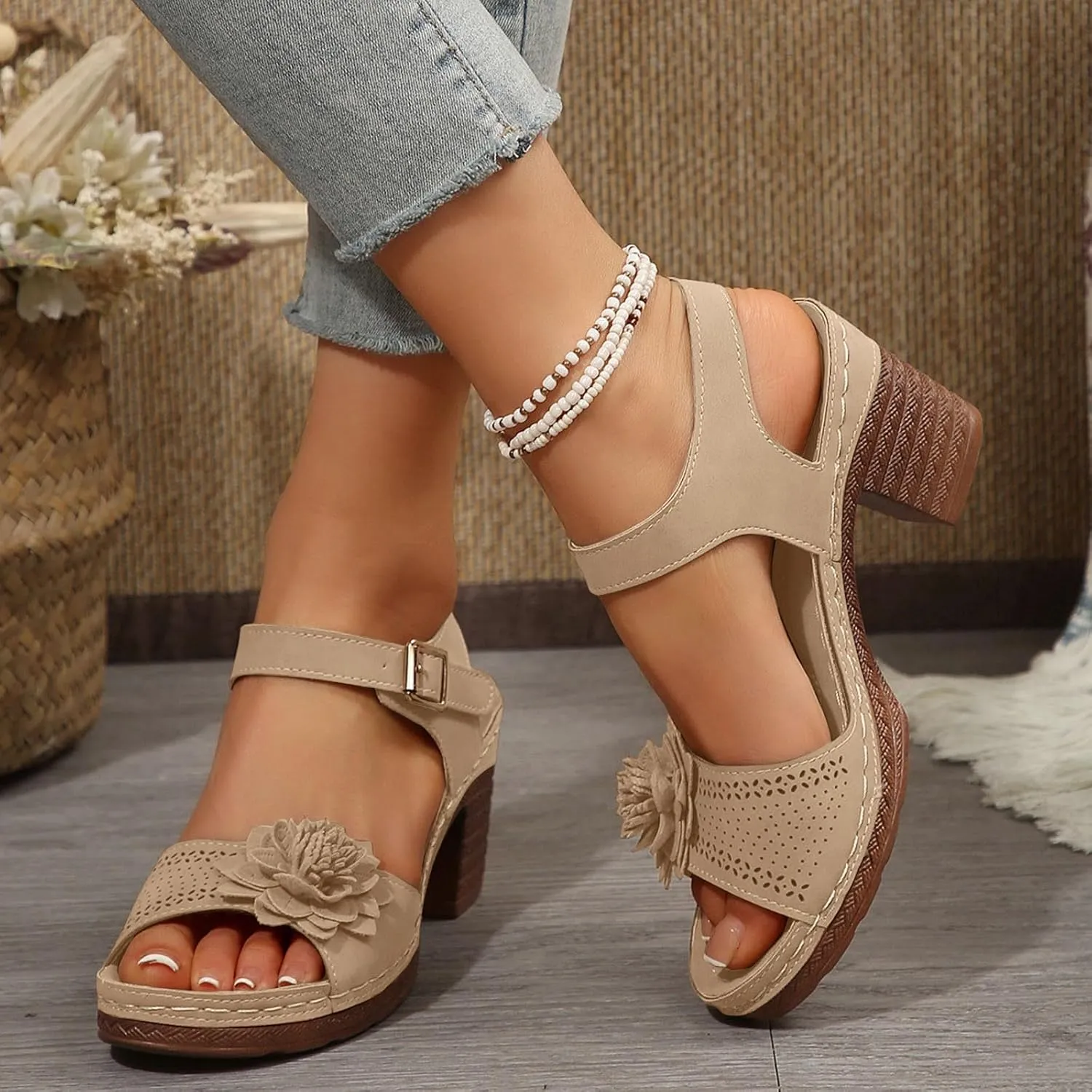 SuanlaTDS Womens Sandals High Heels Round Toe Ankle Strap Buckle Comfortable Wedge Platform Chunky Block Heel Party Dress Dance Shoes Casual Open-toe Heeled Outdoor Sandals
