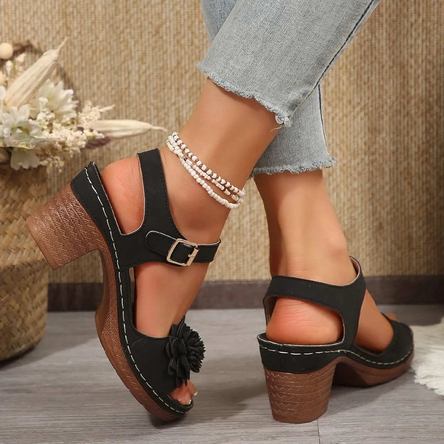 SuanlaTDS Womens Sandals High Heels Round Toe Ankle Strap Buckle Comfortable Wedge Platform Chunky Block Heel Party Dress Dance Shoes Casual Open-toe Heeled Outdoor Sandals