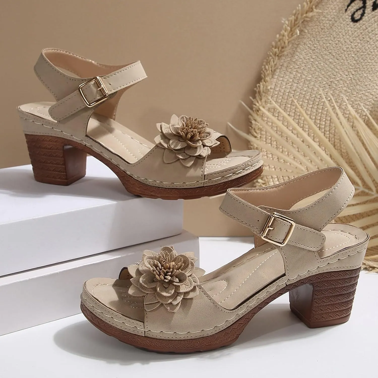 SuanlaTDS Womens Sandals High Heels Round Toe Ankle Strap Buckle Comfortable Wedge Platform Chunky Block Heel Party Dress Dance Shoes Casual Open-toe Heeled Outdoor Sandals
