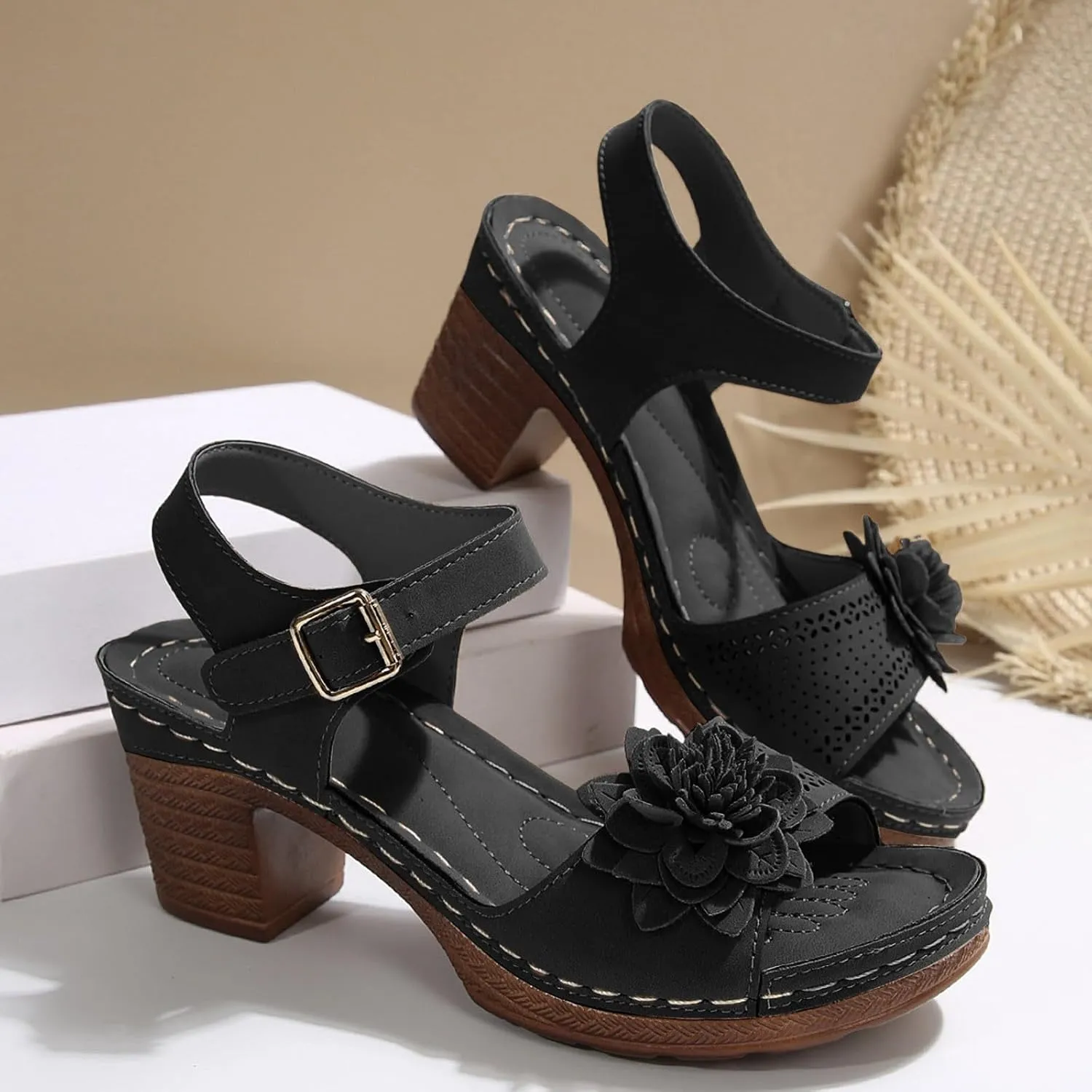 SuanlaTDS Womens Sandals High Heels Round Toe Ankle Strap Buckle Comfortable Wedge Platform Chunky Block Heel Party Dress Dance Shoes Casual Open-toe Heeled Outdoor Sandals