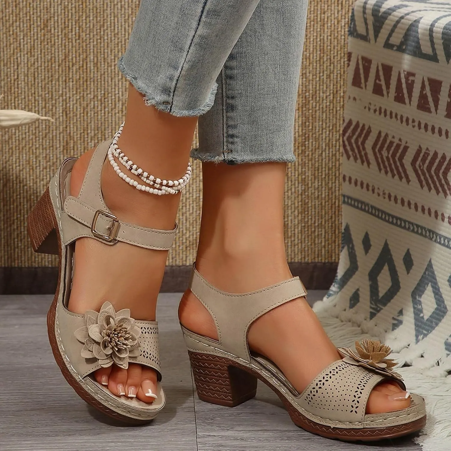 SuanlaTDS Womens Sandals High Heels Round Toe Ankle Strap Buckle Comfortable Wedge Platform Chunky Block Heel Party Dress Dance Shoes Casual Open-toe Heeled Outdoor Sandals