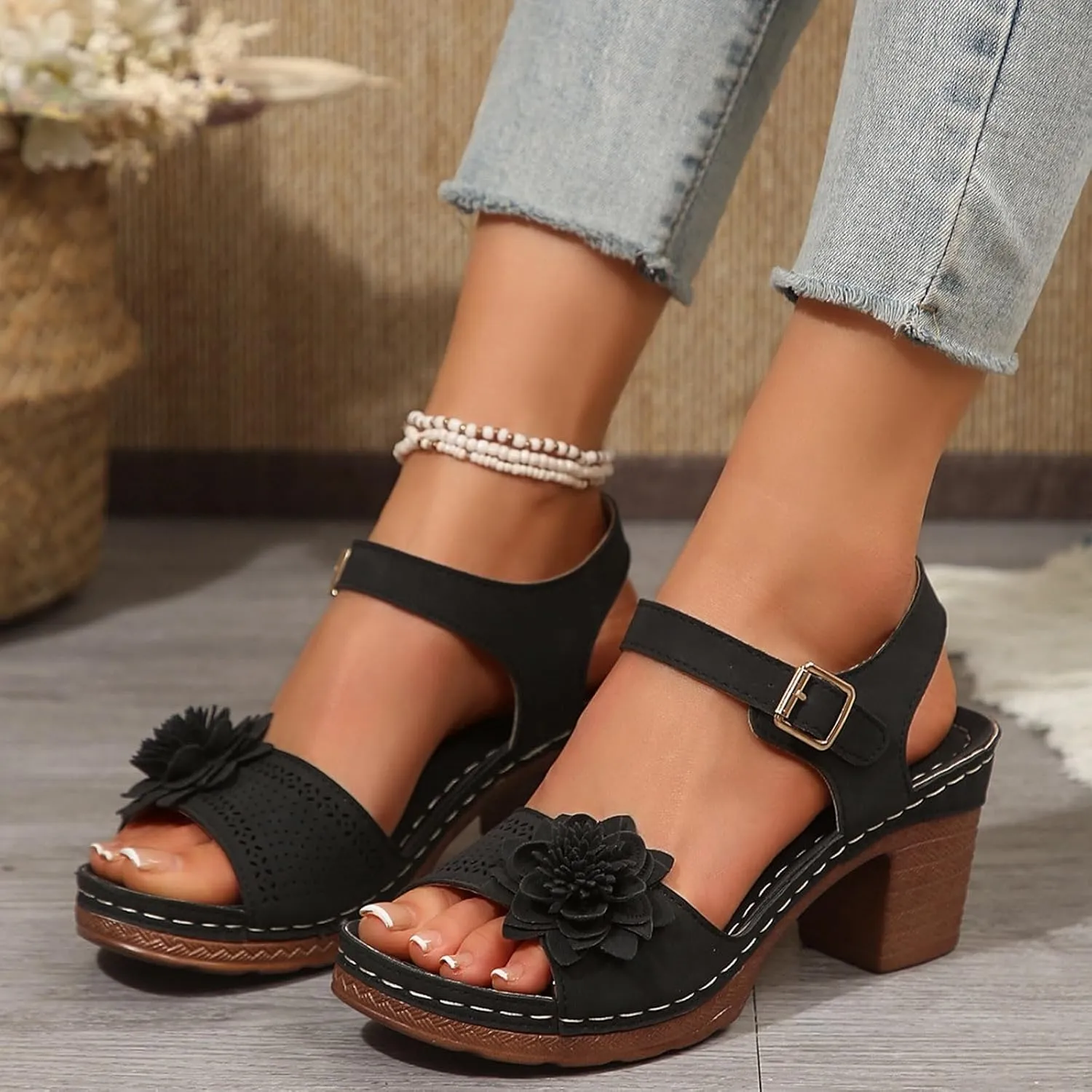 SuanlaTDS Womens Sandals High Heels Round Toe Ankle Strap Buckle Comfortable Wedge Platform Chunky Block Heel Party Dress Dance Shoes Casual Open-toe Heeled Outdoor Sandals