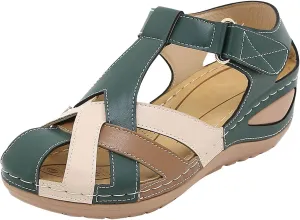 SuanlaTDS Women's Wedge Orthopedic Sandals Closed Toe Arch Support Comfortable Adjustable Ankle Strap Platform Hollow Out Dressy Summer Low Heel Wedges Beach Dress Outdoor Walking Shoes