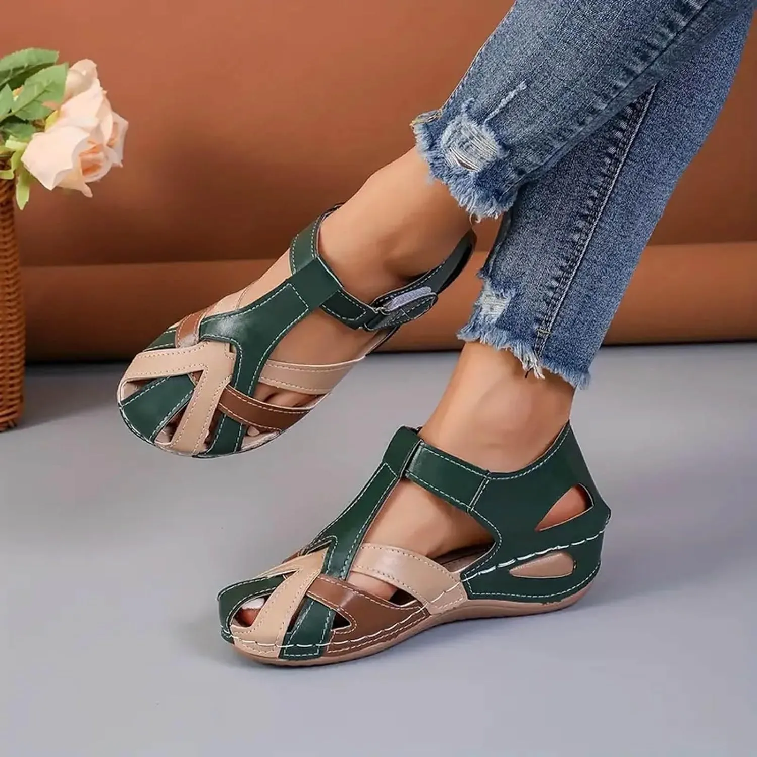 SuanlaTDS Women's Wedge Orthopedic Sandals Closed Toe Arch Support Comfortable Adjustable Ankle Strap Platform Hollow Out Dressy Summer Low Heel Wedges Beach Dress Outdoor Walking Shoes