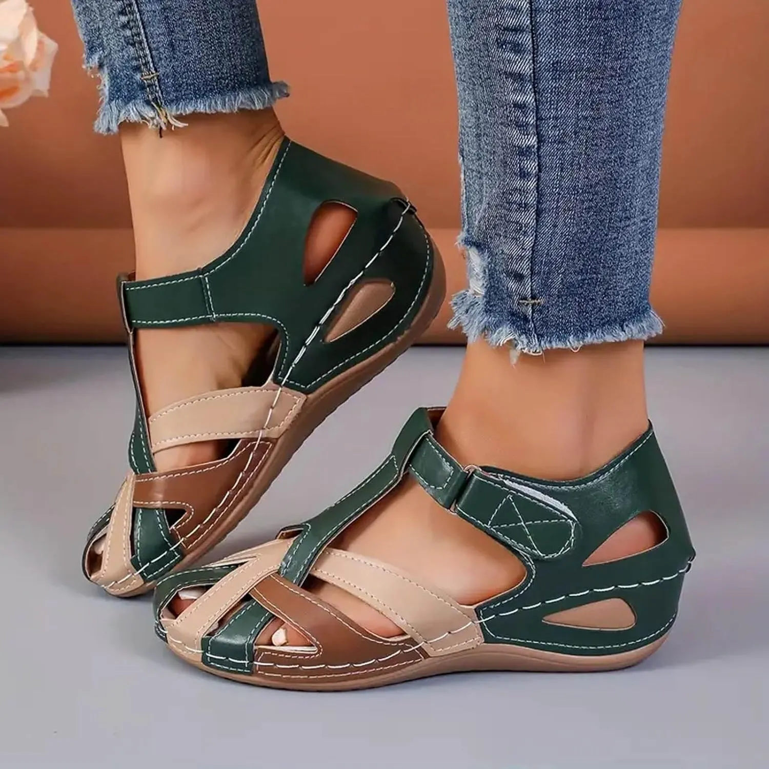 SuanlaTDS Women's Wedge Orthopedic Sandals Closed Toe Arch Support Comfortable Adjustable Ankle Strap Platform Hollow Out Dressy Summer Low Heel Wedges Beach Dress Outdoor Walking Shoes