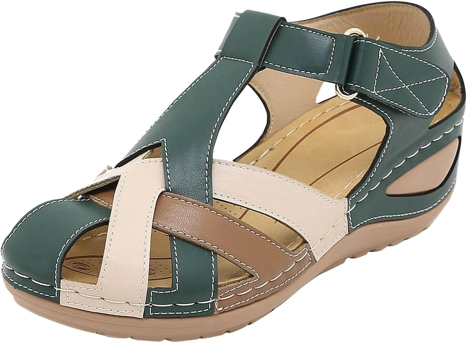 SuanlaTDS Women's Wedge Orthopedic Sandals Closed Toe Arch Support Comfortable Adjustable Ankle Strap Platform Hollow Out Dressy Summer Low Heel Wedges Beach Dress Outdoor Walking Shoes