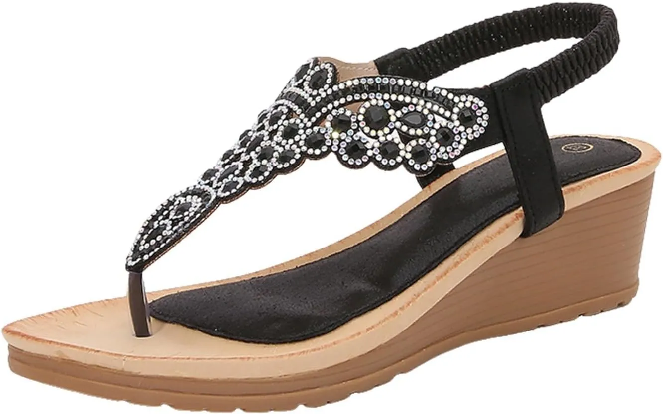 Summer Sandals for Women 2025 Rhinestones Sparkly High Heel Wedge Sandals Clip Toe Crystal Boho Shoes Anti-Slip Summer Footwear Casual Comfortable Beach Shoes