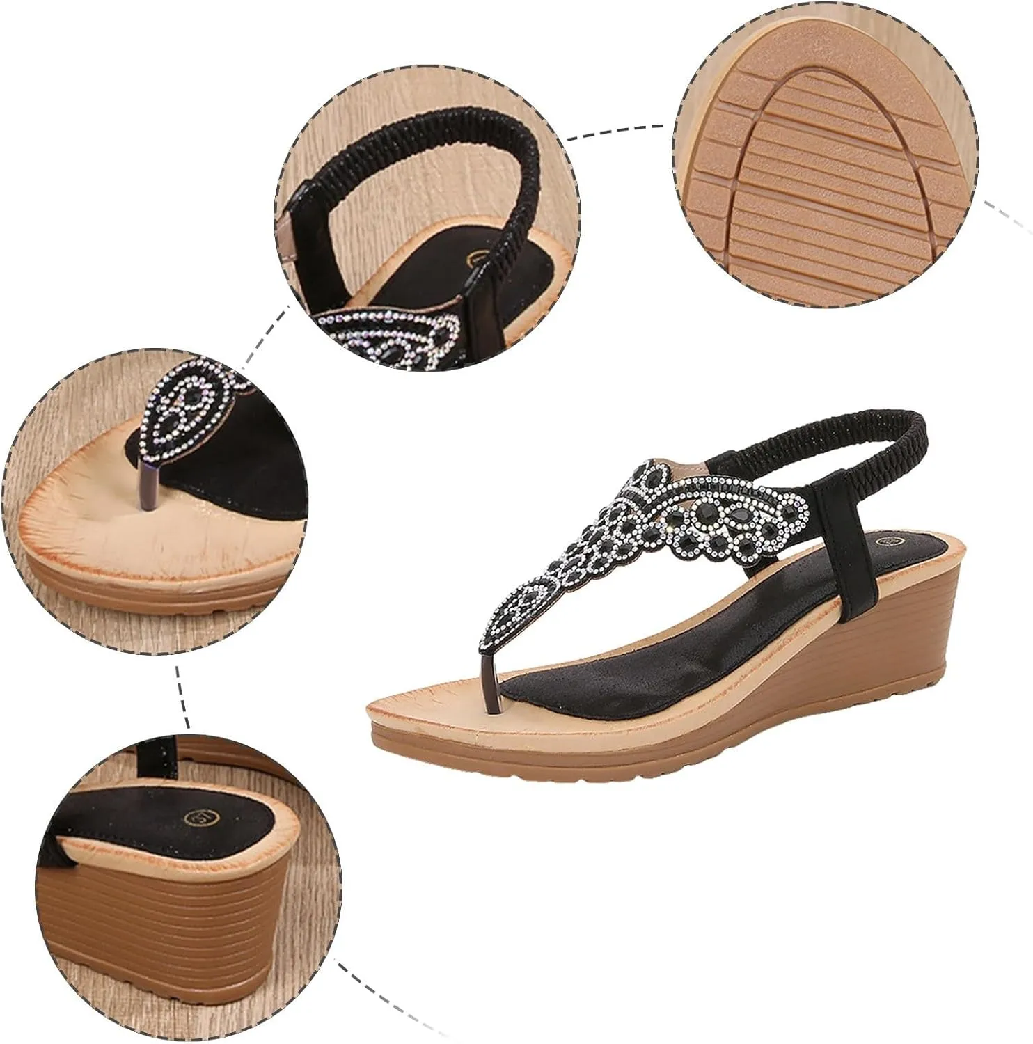 Summer Sandals for Women 2025 Rhinestones Sparkly High Heel Wedge Sandals Clip Toe Crystal Boho Shoes Anti-Slip Summer Footwear Casual Comfortable Beach Shoes
