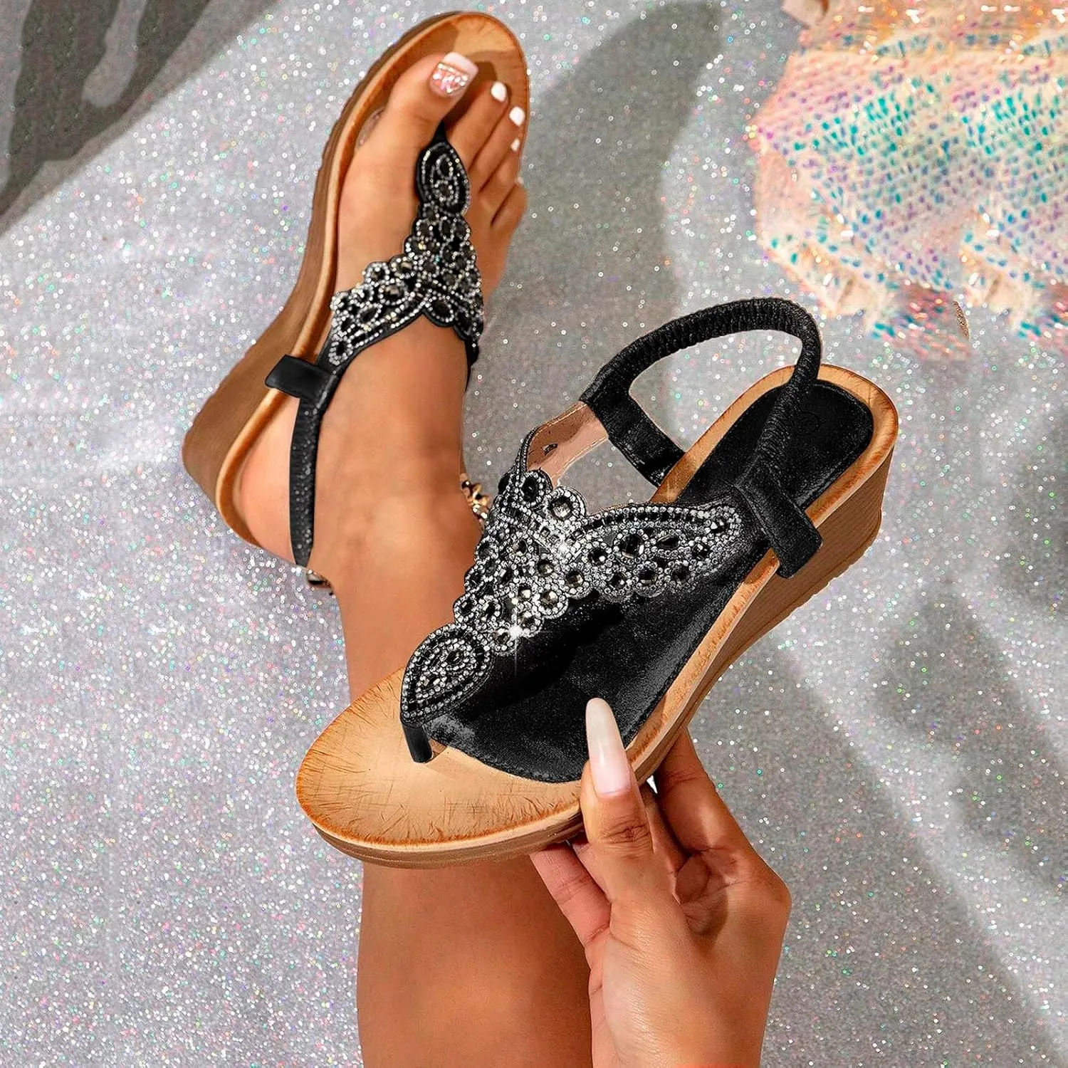 Summer Sandals for Women 2025 Rhinestones Sparkly High Heel Wedge Sandals Clip Toe Crystal Boho Shoes Anti-Slip Summer Footwear Casual Comfortable Beach Shoes