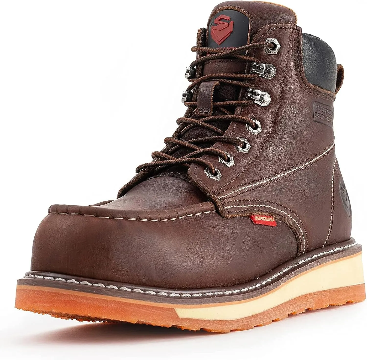 SUREWAY Mens Heavy Duty Soft/Composite/Steel Toe Work Boots for Men-Comfortable,Goodyear Welt,Full Grain Leather,6 in Wedge Moc Toe Construction Boots/Shoes,Waterproof Soft Toe Dark Brown,Size 13