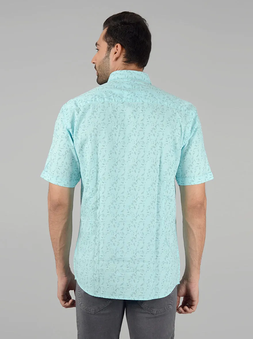 Teal Blue Slim Fit Printed Casual Shirt | Greenfibre