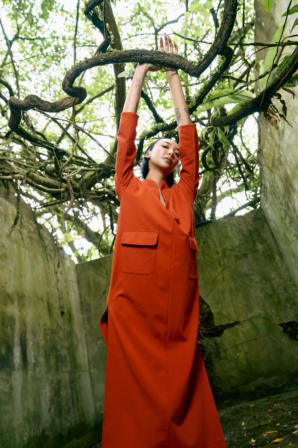 The Eco Edit ~ Straight-line pocket Maxi Dress - Tiger Orange