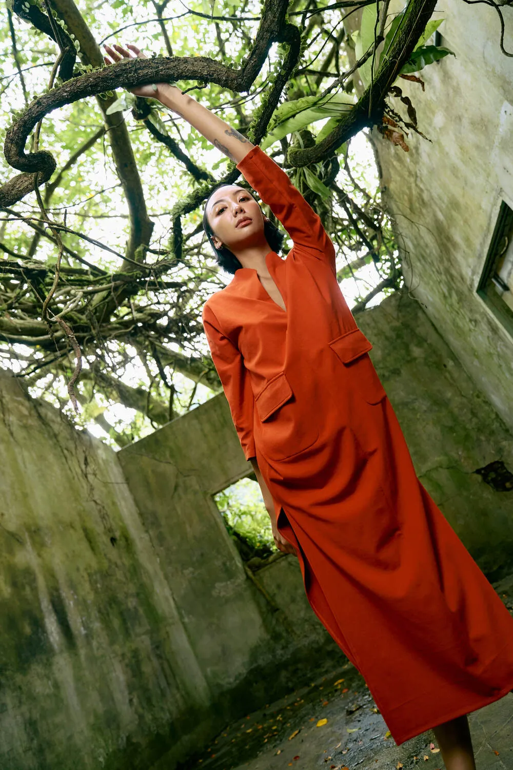 The Eco Edit ~ Straight-line pocket Maxi Dress - Tiger Orange