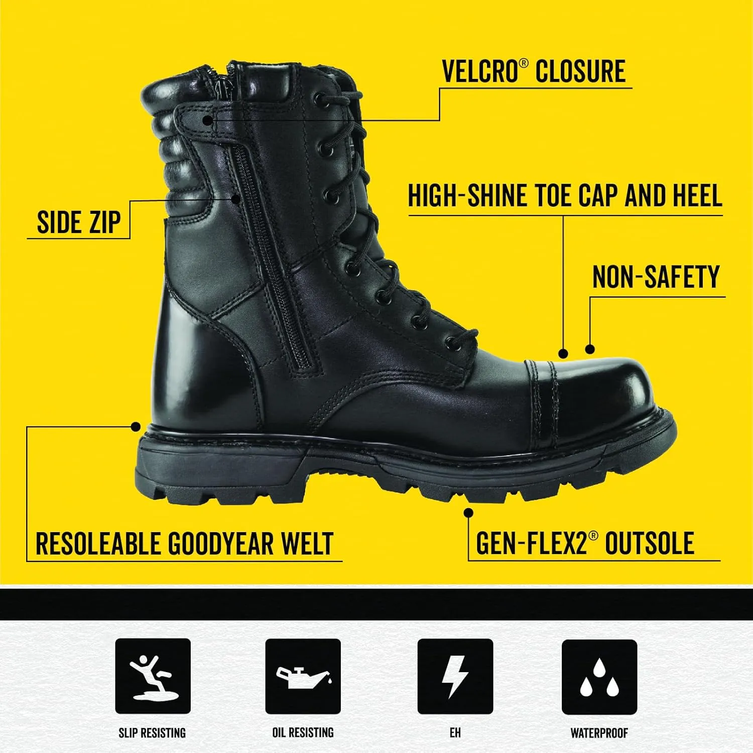 Thorogood GEN-Flex2 8 Side-Zip Black Tactical Boots for Men and Women - High-Shine Leather Heel & Toe with Goodyear Storm Welt and Slip-Resistant Outsole