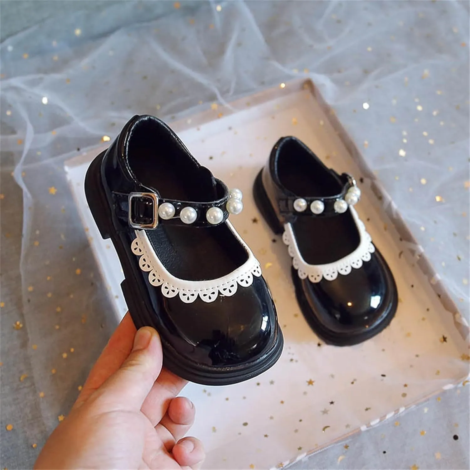 Toddler Baby Girls Mary Jane Flat with Pearls Strap Kids Formal School Dress Shoes Infant Girls Slip On Slippers